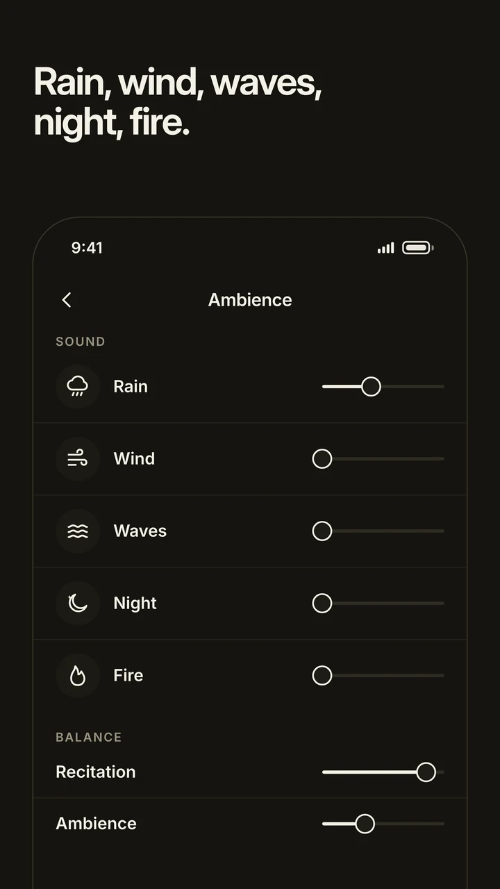 Rain, wind, waves, night and fire under the recitation, in the WhatSurah app